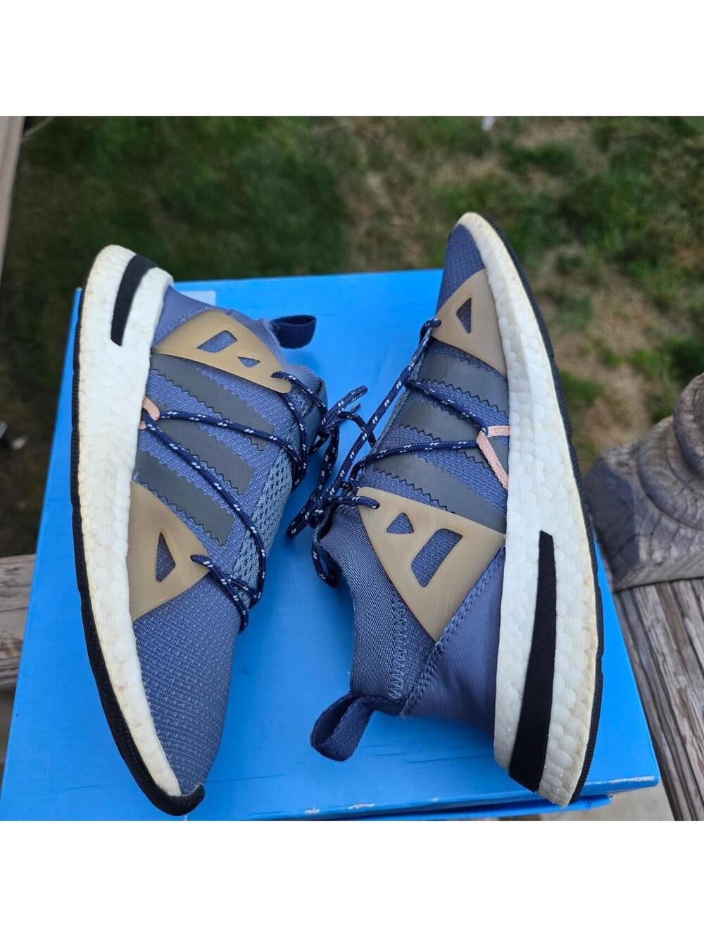 Adidas blue and tan running shoes #running #athletic